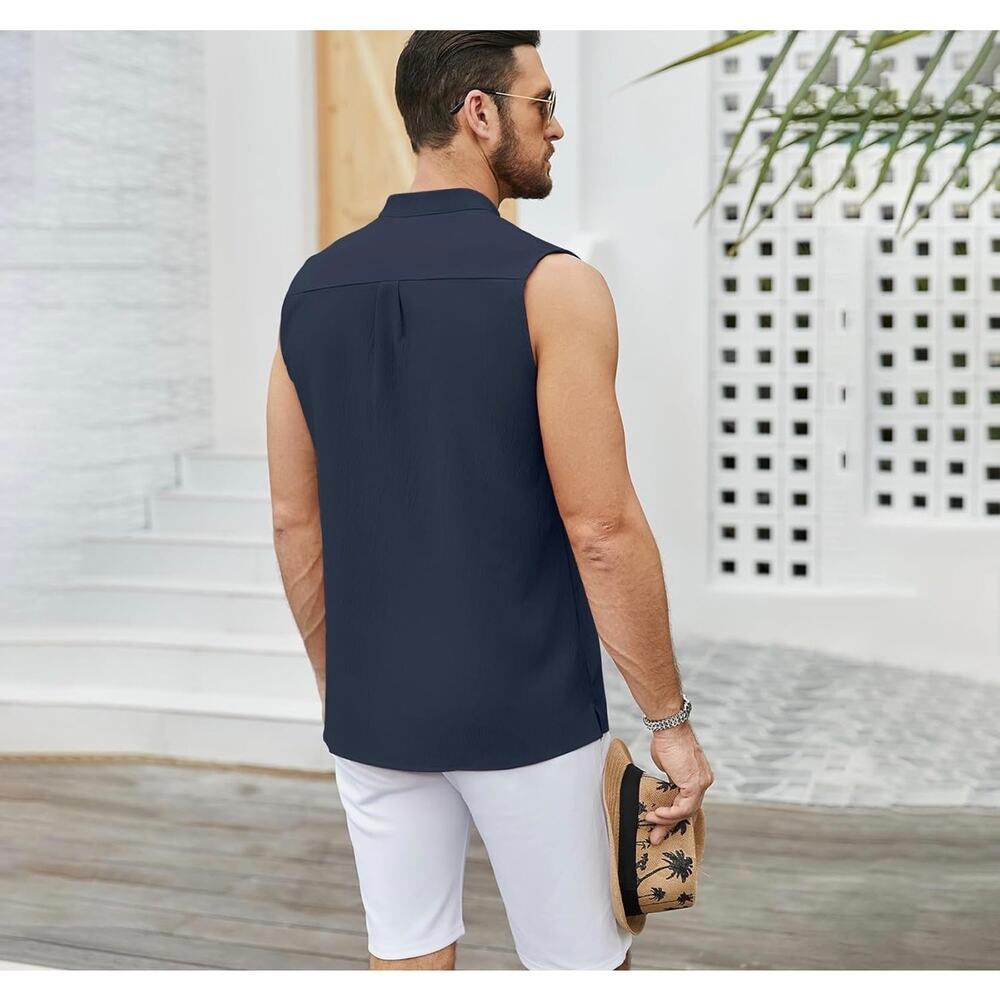 Hawalili Mens Sleeveless Henley Neck Beach Shirt Sky Blue Size XL - Picture 3 of 7